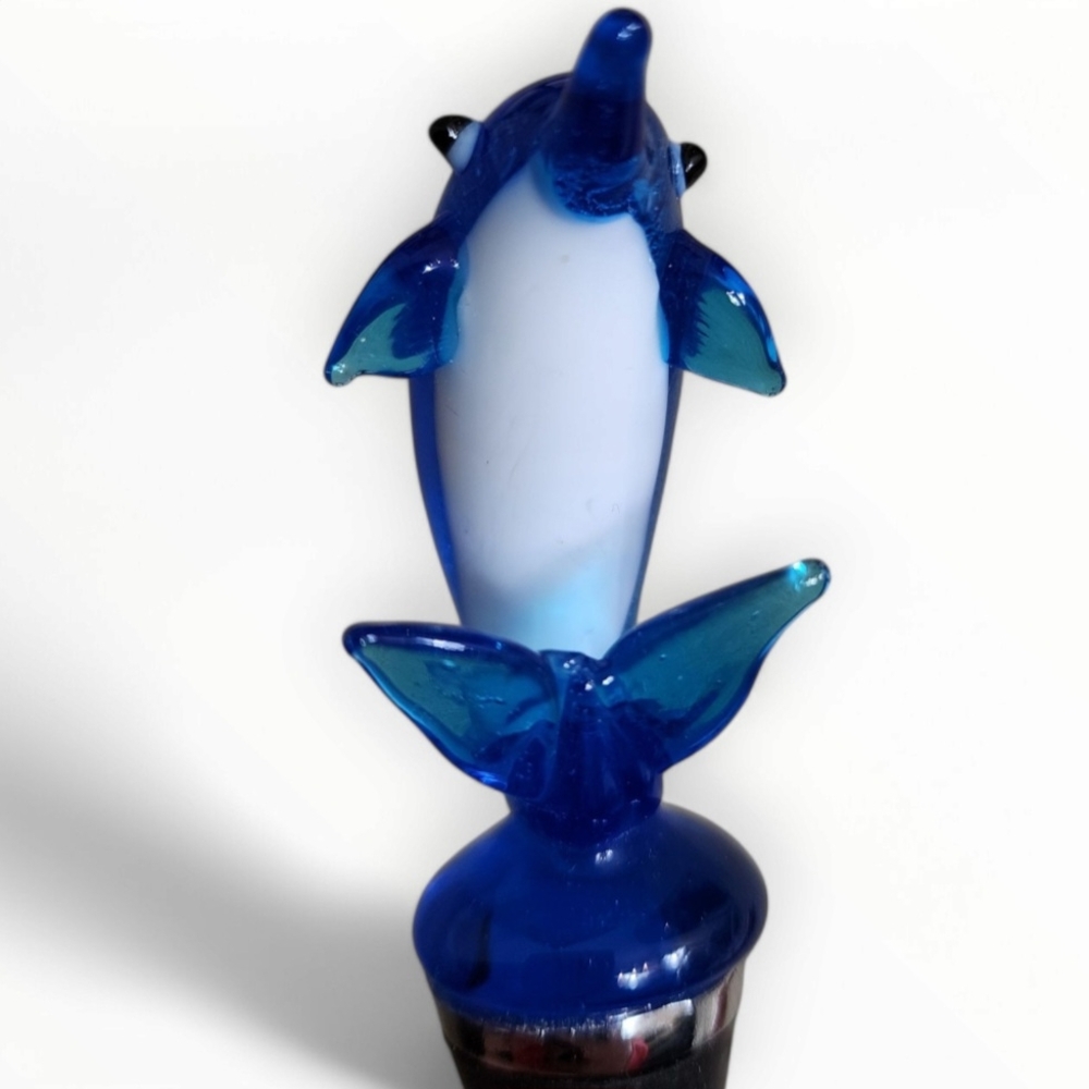 Blown Art Glass Blue Dolphin Wine Bottle Stopper - Picture 5 of 9